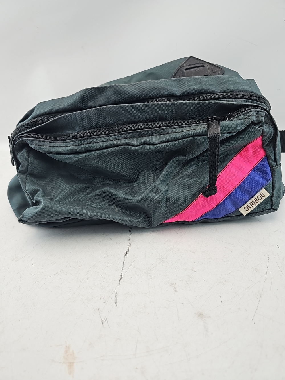 Caribou Men's Dark Green Belt Bag with Pink & Blue Accent Stripes Vintage